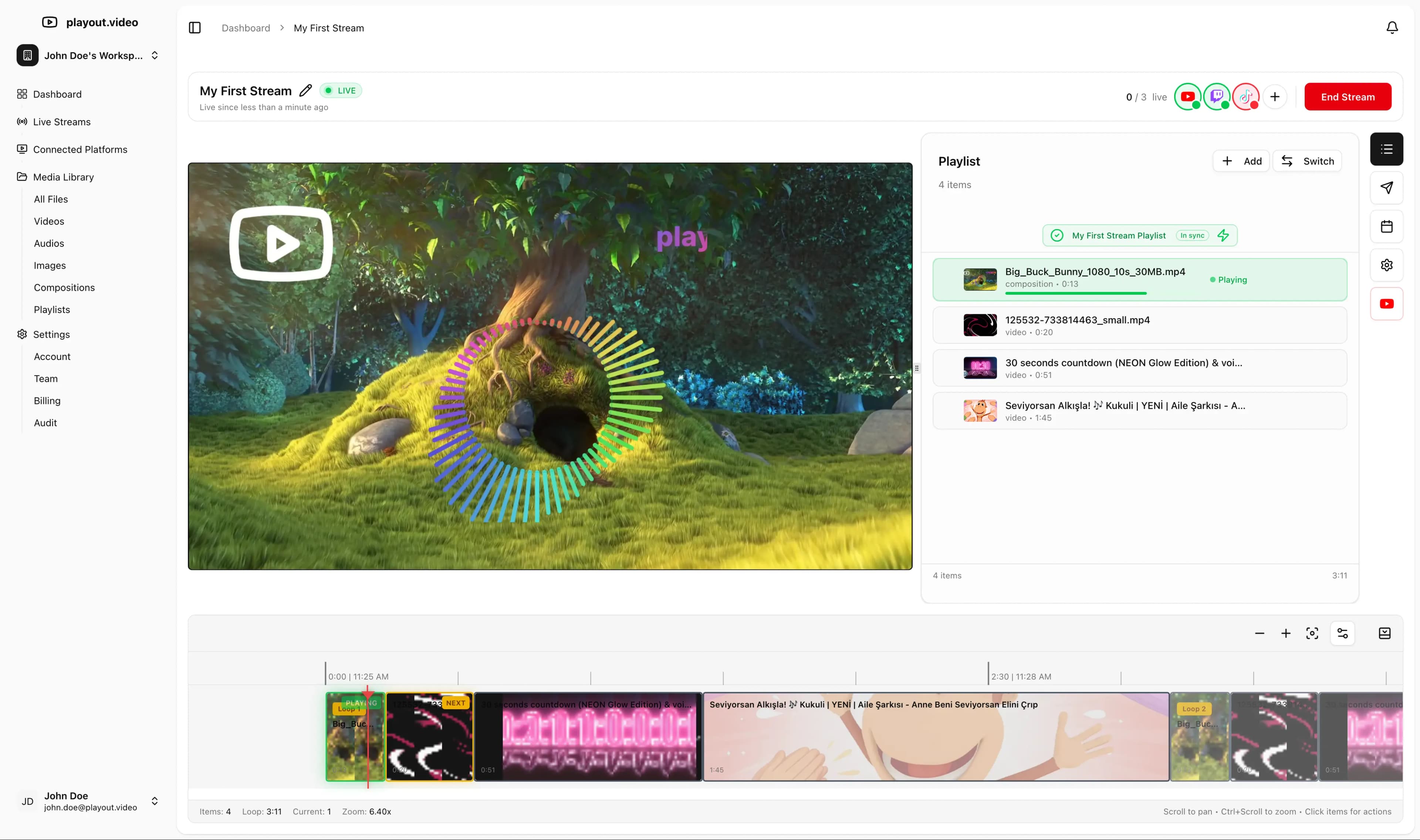 Playout dashboard showing cloud-based playlist management